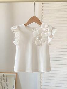 SHEIN 少女纯色荷叶边立体花卉休闲衬衫，可爱花朵设计 - 白色 - 查看 7