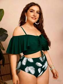 Swim Lushoire 2026新款大码纯色荷叶边系带夏季比基尼吊带背心泳衣大码两件式泳衣大码泳装上衣大码露脐上衣泳衣大码高腰比基尼大码荷叶边泳衣 - 綠色 - 查看 4