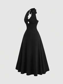 Sweetra V-Neck Twist Waist Slim Fit Maxi Dress, Minimalist French Elegant Style - Black - View 5