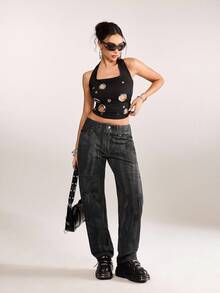 plantica 休闲性感都市时尚简约女式黑色印花直筒牛仔裤，适合外出、旅行、约会、派对、假期、情人节、春夏穿着。 - 黑色 - 查看 7