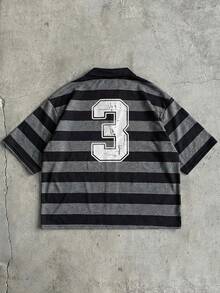 AXEPEAK Men's Casual Loose Striped Polo Collar Short Sleeve T-Shirt, Screen Print, Summer - Black - View 7