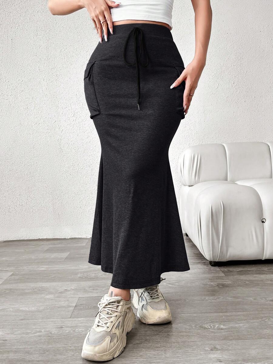Aidyla Women's Solid Color Simple Daily Wear Drawstring Waist Skirt Maxi - Dark Grey - View 1