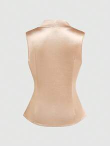 Franclia Holidaya 女士优雅 2026 春夏系列垂褶领派对时尚无袖缎面亮面腰部褶皱珍珠装饰弹力衬衫 - 香檳色 - 查看 5