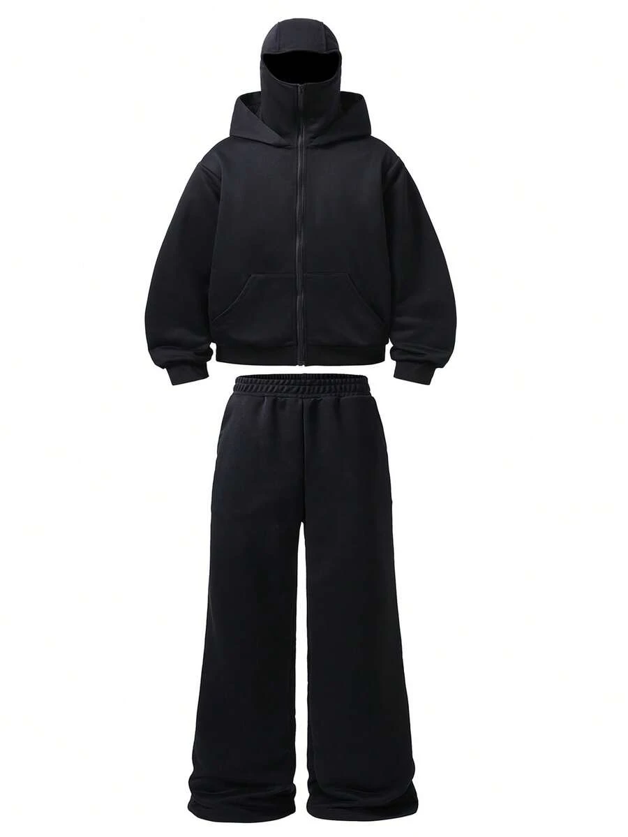 Manfinity EMRG 男士纯色长袖拉链双层连帽卫衣和运动裤休闲套装，适合情人节、春夏、送给男友、狂欢节、复古风、街头风、派对、圣帕特里克节、外出等场合。 - 黑色 - 查看 1