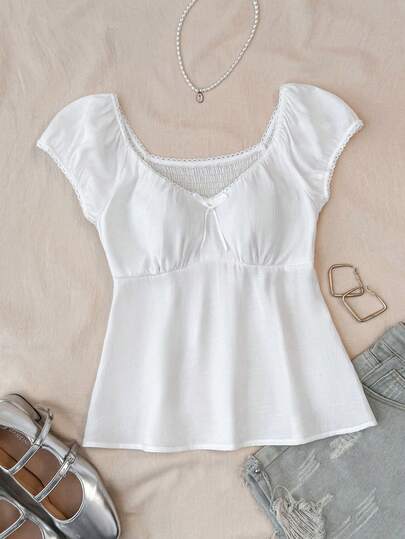 Elegant White Solid Color Casual Minimalist Comfortable Backless Short Sleeve Shirt, Suitable For Summer, Vacation, Casual, Home, BM Style, Babydoll Top With Sleeves, Teen Girls Summer Blouse