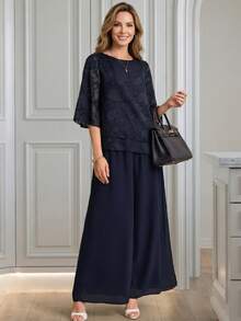 Miaspire 女士优雅七分袖上衣和宽松长裤两件套 - 藏蓝色 - 查看 4