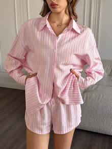 SHEIN Conjunto de pijama de top y shorts a rayas para mujer - Rosa - Ver 5