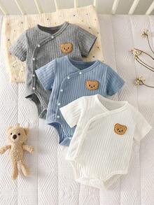 SHEIN Bộ đồ hè 3 món cho bé trai sơ sinh màu trắng, xanh dương, xám, áo liền quần tay ngắn có thêu hình gấu. Chất liệu thoải mái, kiểu dáng đơn giản, dễ mặc. - Nhiều màu - Xem 8