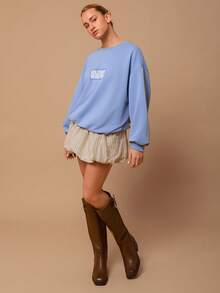 SURIMA Casual Minimalist Printed Pattern Hooded Long Sleeve Loose Fit Women Sweatshirt - Dusty Blue - View 3