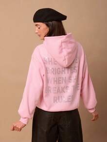 SURIMA 女士休闲简约粉色印花连帽长袖宽松加厚卫衣 - 粉色 - 查看 1