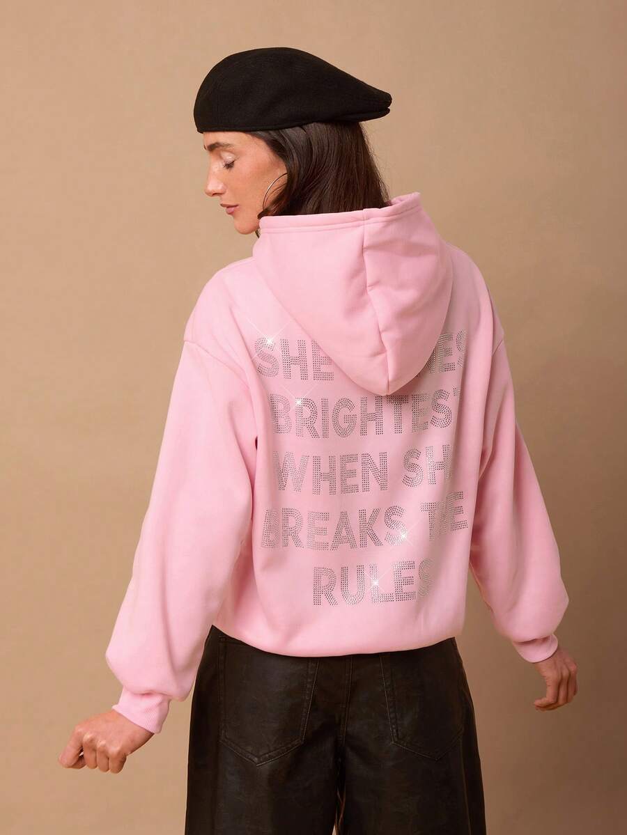 SURIMA 女士休闲简约粉色印花连帽长袖宽松加厚卫衣 - 粉色 - 查看 1