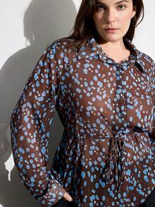 Aveloria Modichic 大码复古波点收腰衬衫，修身翻领长袖上衣 - 棕色 - 查看 2