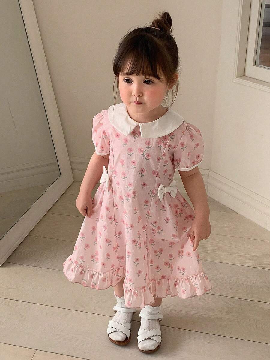DAZY Baby Girls' Floral Print Ruffle Collar Casual Korean Style Dress Summer - Pink - View 1
