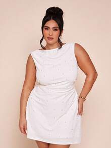SHEIN BAE 大码女式无袖V领腰部褶皱串珠后背拉链连衣裙，春夏款 - 白色 - 查看 4