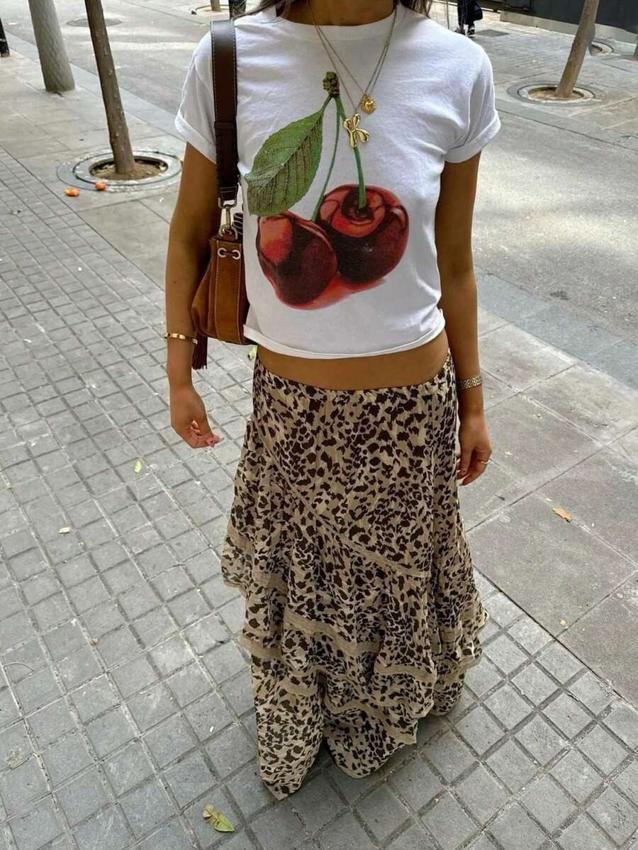 Serisse 女士豹纹弹力腰撞色蕾丝半身裙，时尚度假之选 - 彩色 - 查看 1