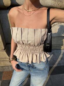 Siren Gaze Women Strapless Pleated Shirred Ruffle Hem Crop Top For Summer Vacation, Tube Top, Cinched Waist Top, Cropped Tube Top, Smocked Tube Top, Ruffle Hem Top, Bandeau Top, Casual Summer Wear Strapless Top Nude Top Summer Tube Top Cute Tube Top - Apricot - View 5