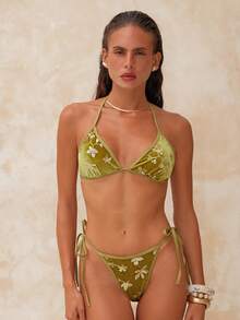 Swim Chiccia Summer Vacation Sexy Beaded Halter Backless Tie Bikini Set - Green - View 6