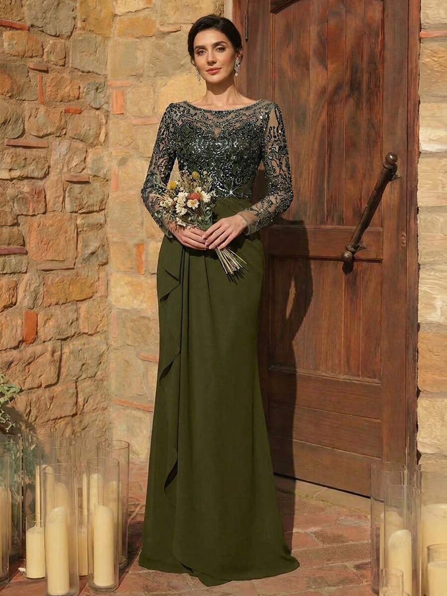 Serin Elegant Luxurious Pearl Sequin Embroidered Chiffon Ruffle Mermaid Hem Dress With Sheer Sleeves, Suitable For Wedding, Party, Holiday, Bridal, Mother Of The Bride Evening Gown - Army Green - View 1