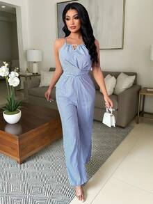 Vavine Women's Casual Blue & White Striped Fabric Backless Beaded Design Waist Button Tie Jumpsuit - Blue - View 3