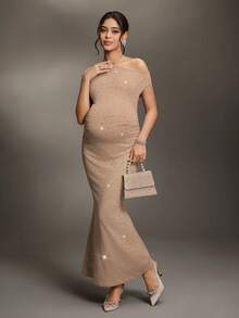 Cheriluna Maternity Maternity Solid Color Asymmetric Neckline Fitted Rhinestone Decor Photoshoot Dress - Apricot - View 5
