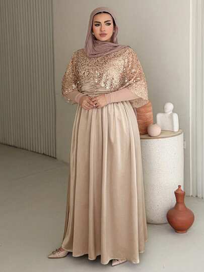 Dazy Plus Plus Size Sequin Patchwork Chiffon Waist Cinched Maxi Party Dress, Pink Sparkly Dress