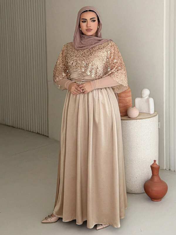 Dazy Plus Plus Size Sequin Patchwork Chiffon Waist Cinched Maxi Party Dress, Pink Sparkly Dress