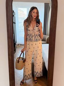 Pariaura 女士优雅休闲通勤办公度假两件套，包含前系带吊带背心和高腰直筒裤，杏色，春夏款，刺绣花卉图案，度假风波西米亚连体裤，夏季阔腿连体裤，度假连体裤，女士夏季套装，波点连体裤，波点两件套，度假装，女士连体裤，女士两件套，休闲女士套装，女士度假套装，女士夏季套装，优雅套装，女士两件套夏季套装，女士连体裤 - 彩色 - 查看 6