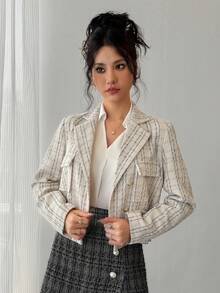 DAZY Women's Casual Style Patterned Pocket Regular Jacket, Spring - Apricot - View 5