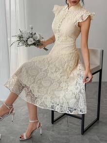 DAZY Women's Elegant Lace Collar Ruffle Hem Mid-Length Dress, Summer - Apricot - View 4