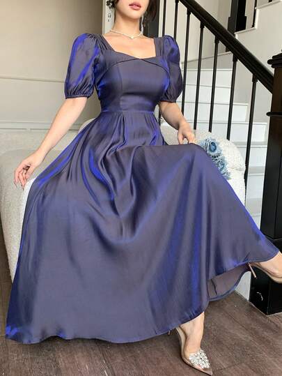 DAZY 女士优雅纯色泡泡袖中长连衣裙，夏季婚礼宾客礼服