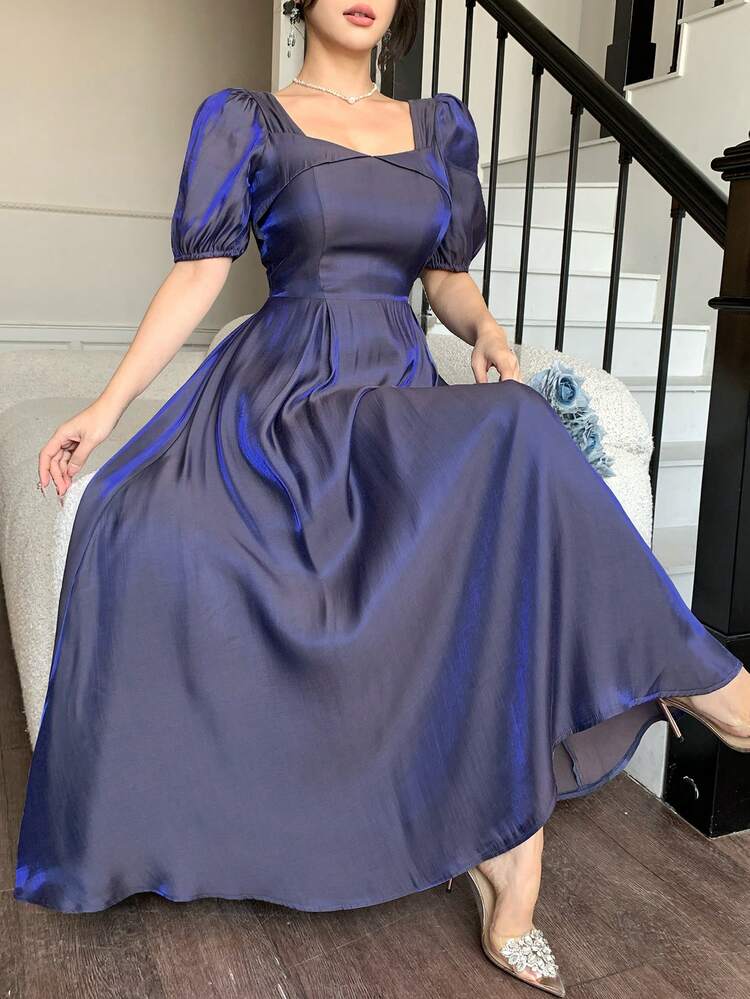 Women's Elegant Solid Color Puff Sleeve Midi Dress, Summer Wedding Guest Dress Sundress