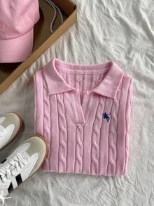 SHEIN Clasi Women's Elegant Fashion Versatile Pink Polo Collar Embroidered Short Sleeve Knit Sweater Dress, Spring/Summer - Baby Pink - View 3