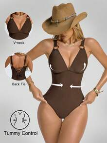 Shapewave 1pc Women's One-Piece Tummy Control Backless Swimsuit With Push-Up Bra And Tie-Up Design, Brown With Natural Buckle, Suitable For Beach & Resort - Brown - View 1