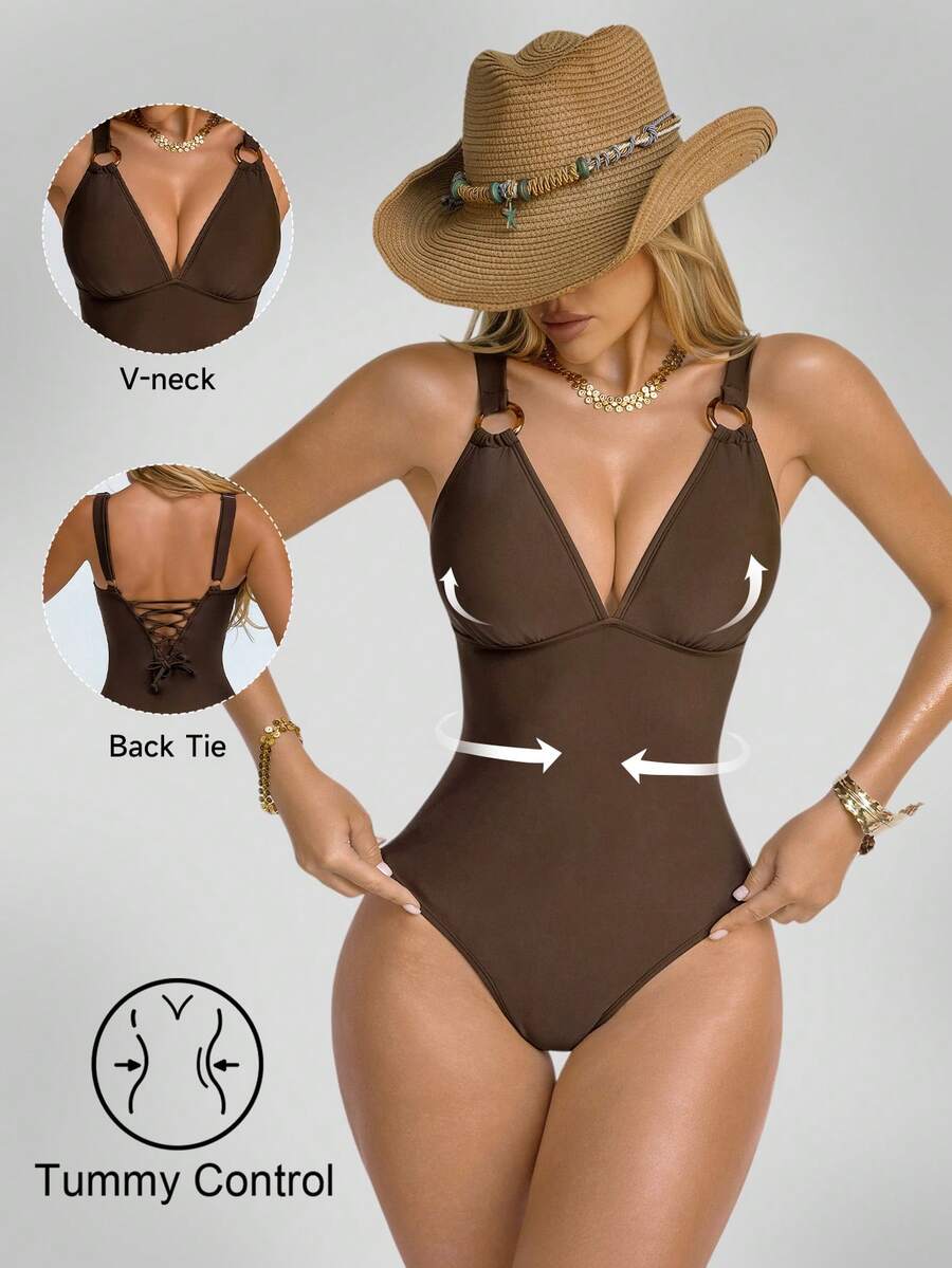 Shapewave 1pc Women's One-Piece Tummy Control Backless Swimsuit With Push-Up Bra And Tie-Up Design, Brown With Natural Buckle, Suitable For Beach & Resort - Brown - View 1