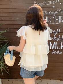 FRIFUL 女士圆领花瓣袖宽松衬衫，层叠荷叶边下摆，夏季款 - 杏色 - 查看 5