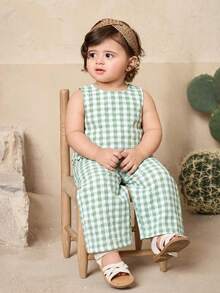LMoss Kids Baby Girl Cute Plaid Sleeveless Top And Pants Set, Summer - Green - View 4