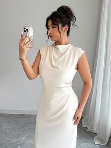 Elenzga 女士优雅休闲日常通勤度假时尚新款立领垂袖收腰杏色连衣裙，夏季 - 杏色 - 查看 5