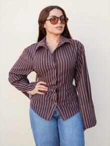 Lupita Cardoza Women's Elegant Striped Button-Up Cinched Waist Shirt, Back To School Teacher, Fall Clothes For Women, Fall Tops, Brown Shirt, Brown Tops - Multicolor - View 5
