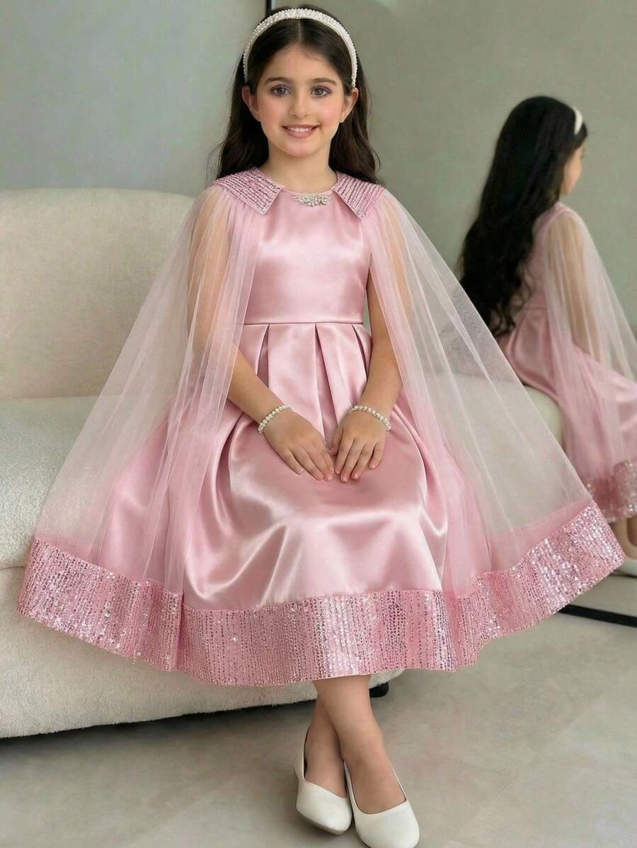 Tween Girl Elegant Mesh Patchwork Beaded Midi Dress,Kids - Baby Pink - View 1