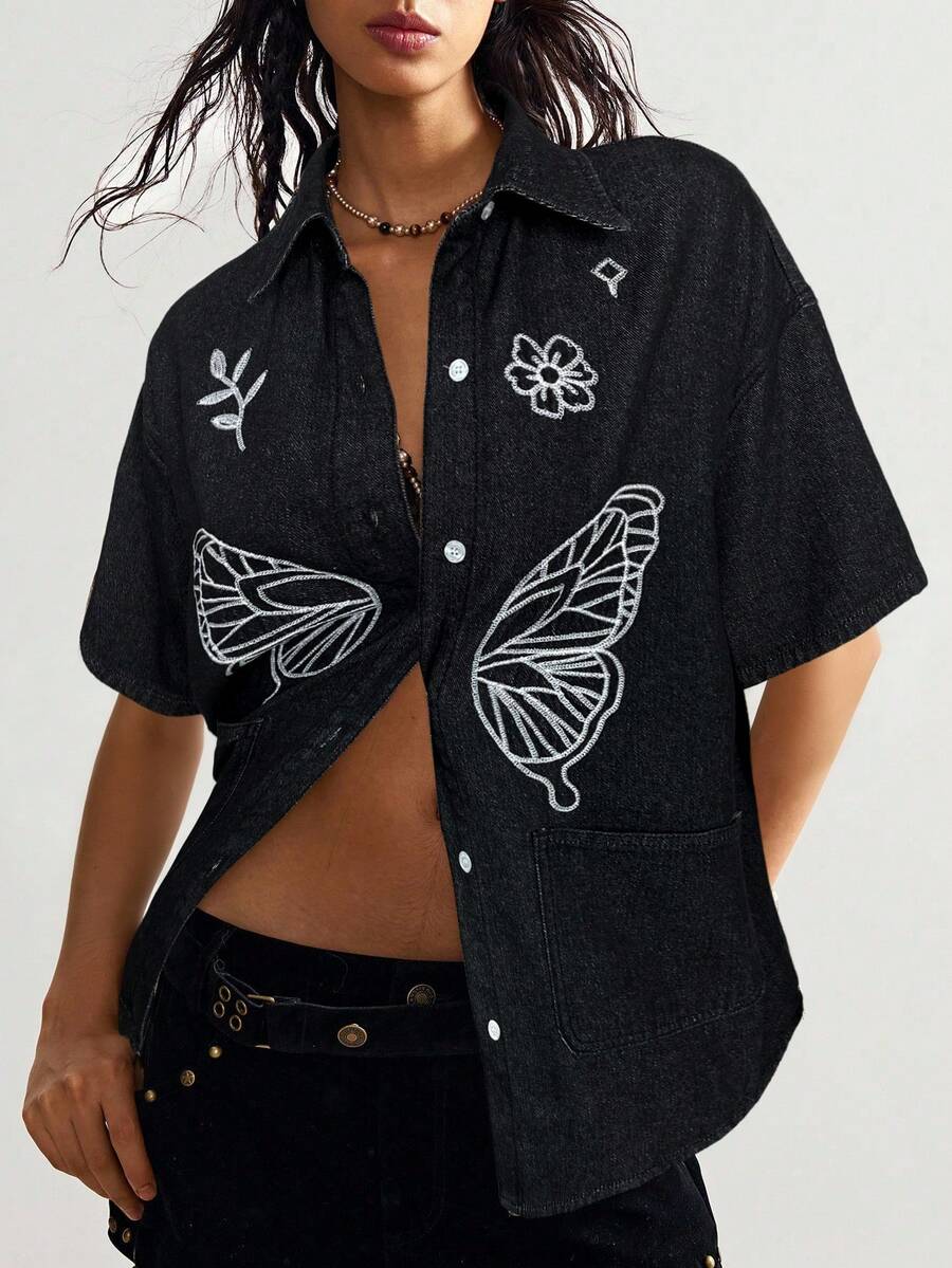 Bohemela Women's Butterfly & Floral Print Drop Shoulder Single-Breasted Casual Denim Shirt Butterfly Shirt Oversize Shirts For Women Women's Shirts For Summer Women Casual Outfits Work Shirt - Black - View 1