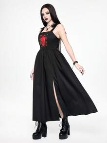 ROMWE Goth 女士哥特式心形花卉荆棘刺绣连衣裙 - 黑色 - 查看 5