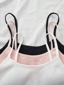 SHEIN 3pcs/Set Teen Girls' Simple Black, White, Pink Comfortable Wireless Bras With Pads, Casual Underwear Ribbed Tube Top Camisole Set Crop Tops Teen Girls Bra Tops Tank Tops With Bras Teen Knitted Ribbed Crop Tops - Multicolor - View 5