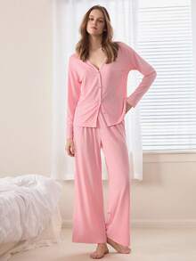Ocili 简约舒适无领柔软女士睡衣套装 - 淺粉色 - 查看 2