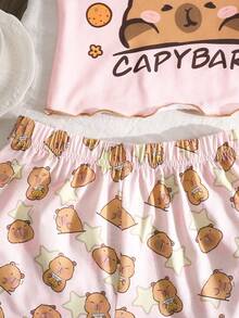 SHEIN 3pcs Tween Girls Casual Knit Pajama Set, Cute Cartoon Print Ruffle Trim Camisole, Long Pants & Shorts - Blue and White - View 6