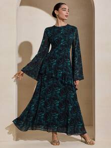 Graceveil Đầm nữ màu xanh ô liu mùa thu, chất liệu chiffon, in hoa, thiết kế thắt eo thanh lịch, thích hợp cho đi chơi và hẹn hò. - Màu xanh lá cây đậm - Xem 7