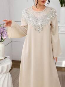 Al Najma Women's Elegant Apricot Long Sleeve Rhinestone Collar Floral Arabic Style Dress, Spring/Summer - Apricot - View 7