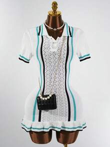 SaltGleam SaltGleam Collared Pearl Button Striped Hollow Crochet Ruffle Hem Fashionable Elegant Women Sweater Dress - Multicolor - View 3