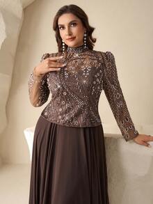 Coutiva Đầm dạ hội sang trọng cỡ lớn, cổ cao, kiểu dáng 2 trong 1, chất liệu chiffon đính sequin, phù hợp cho khách dự đám cưới, lễ tốt nghiệp, lễ hội đón mưa, sự kiện thảm đỏ, v.v. - màu nâu - Xem 5