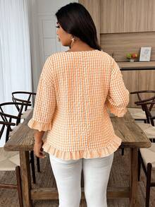 SHEIN LUNE Camisa de cuello redondo minimalista y fresca a cuadros en talla grande - Naranja Quemada - Ver 2