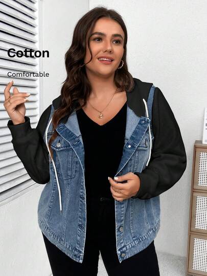 SHEIN LUNE Plus Size Two Tone Denim Jacket With Hood Winter Fall Autumn